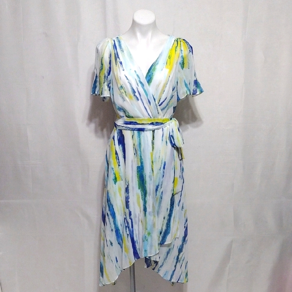 DKNY Tie Dye Faux Wrap Midi Dress Surplice V-neck Flutter Sleeve Boho Chic M